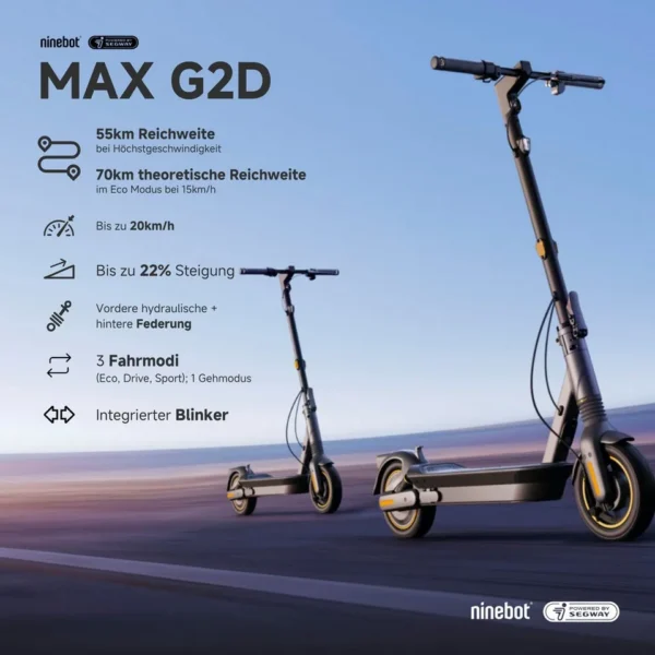Segway KickScooter MAX G2, bis zu 70 km Reichweite, 20 km/h Geschwindigkeit, Straßenzulassung